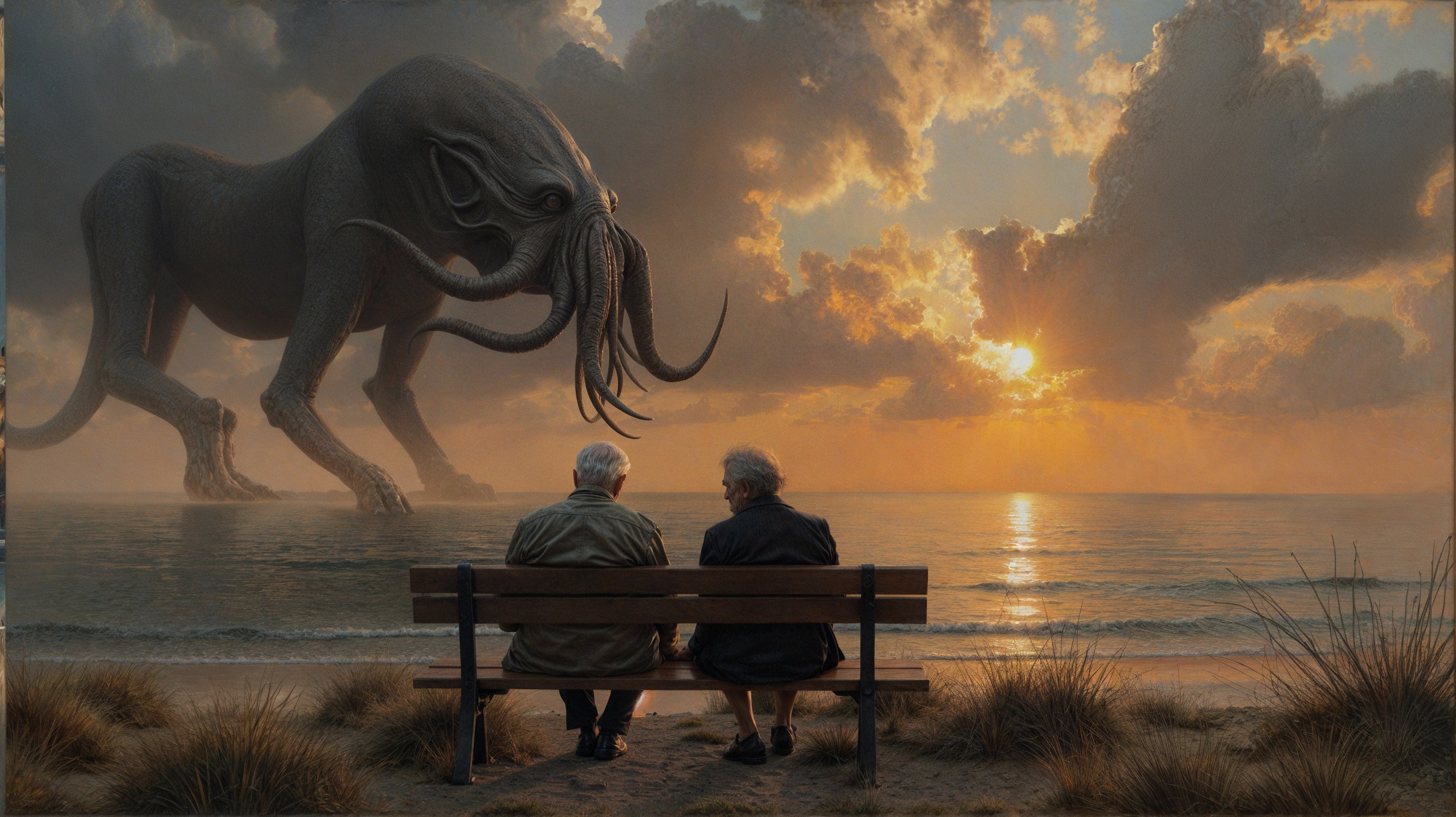 Elderly Men on Bench with Surreal Sunset and Creature