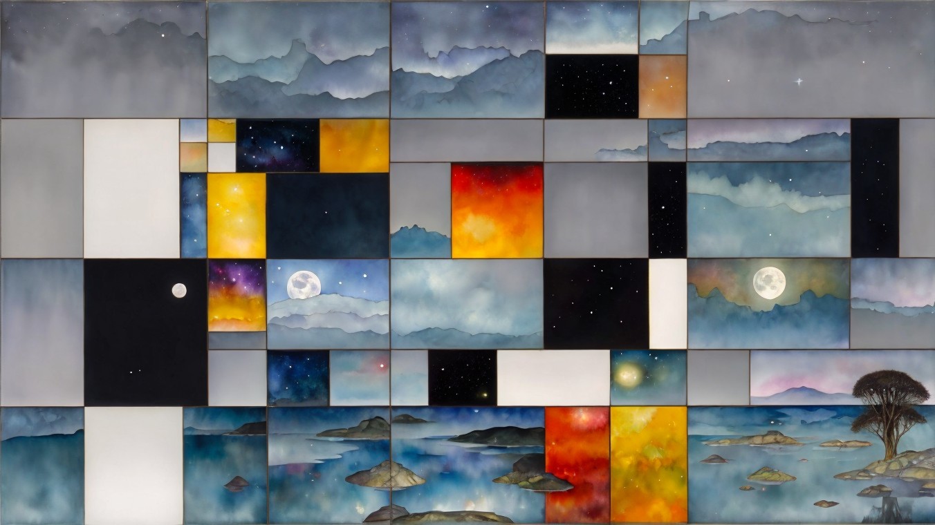 Vibrant Mosaic of Night Skies and Abstract Landscapes