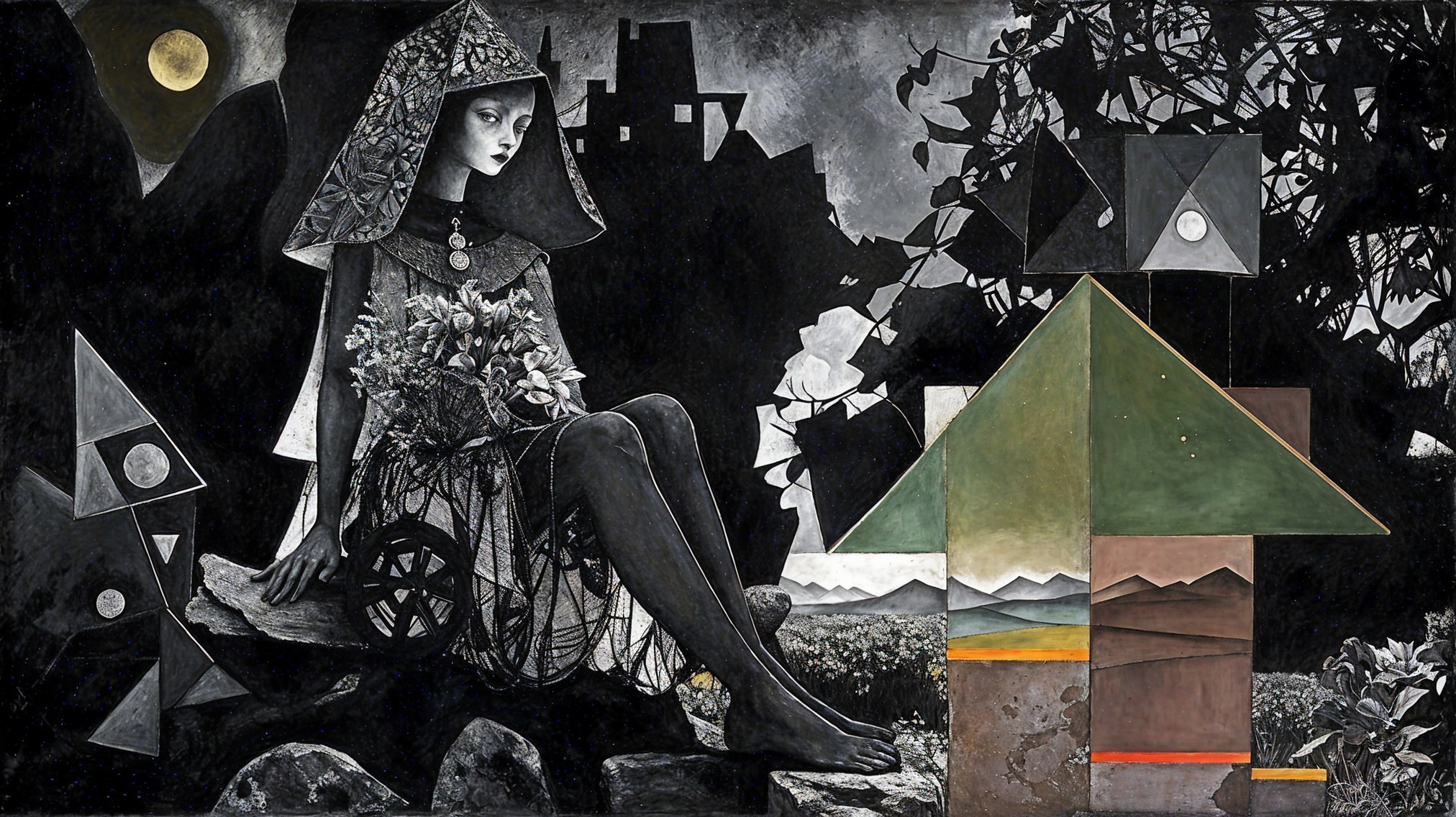 Monochromatic Woman with Flowers in Serene Landscape