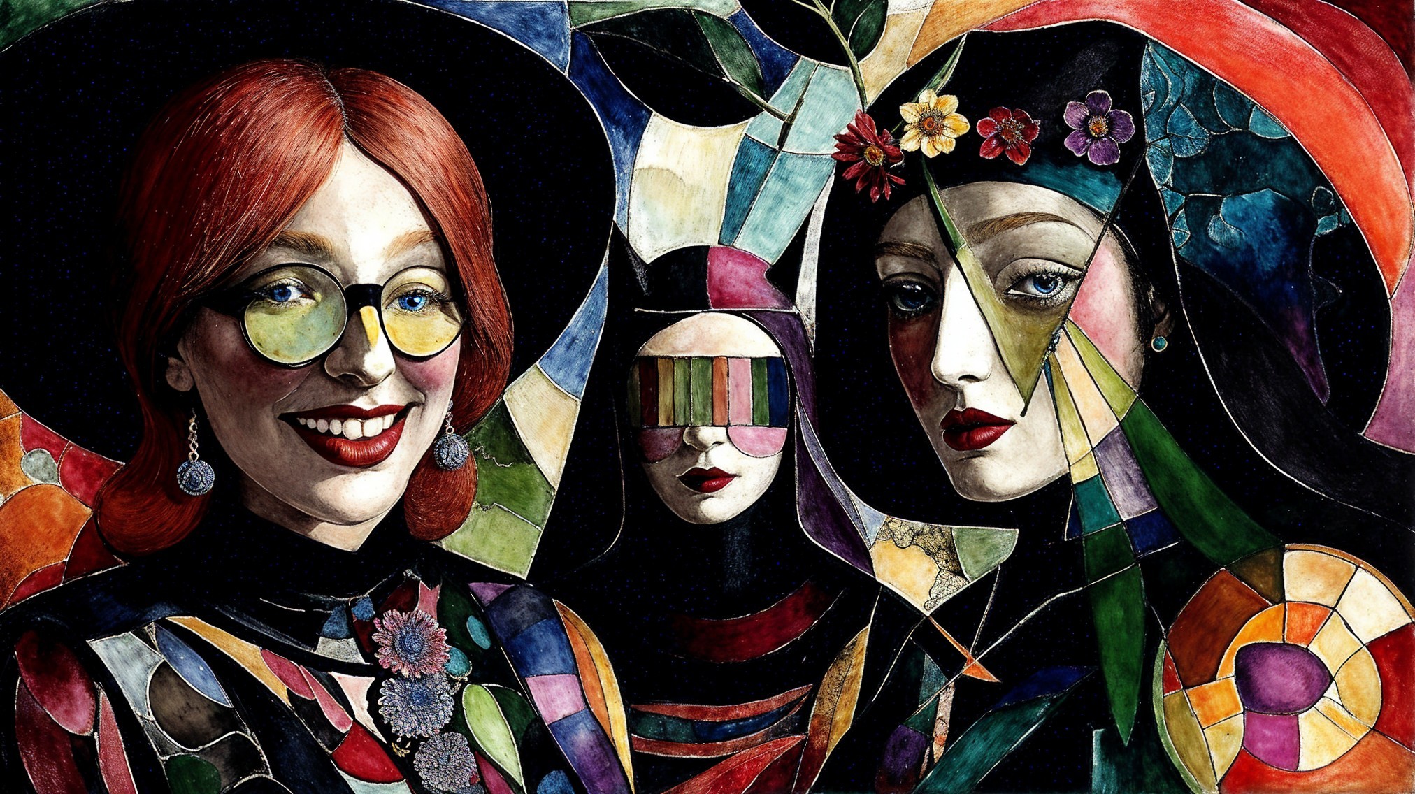 Three Women in Vibrant Stained-Glass Style