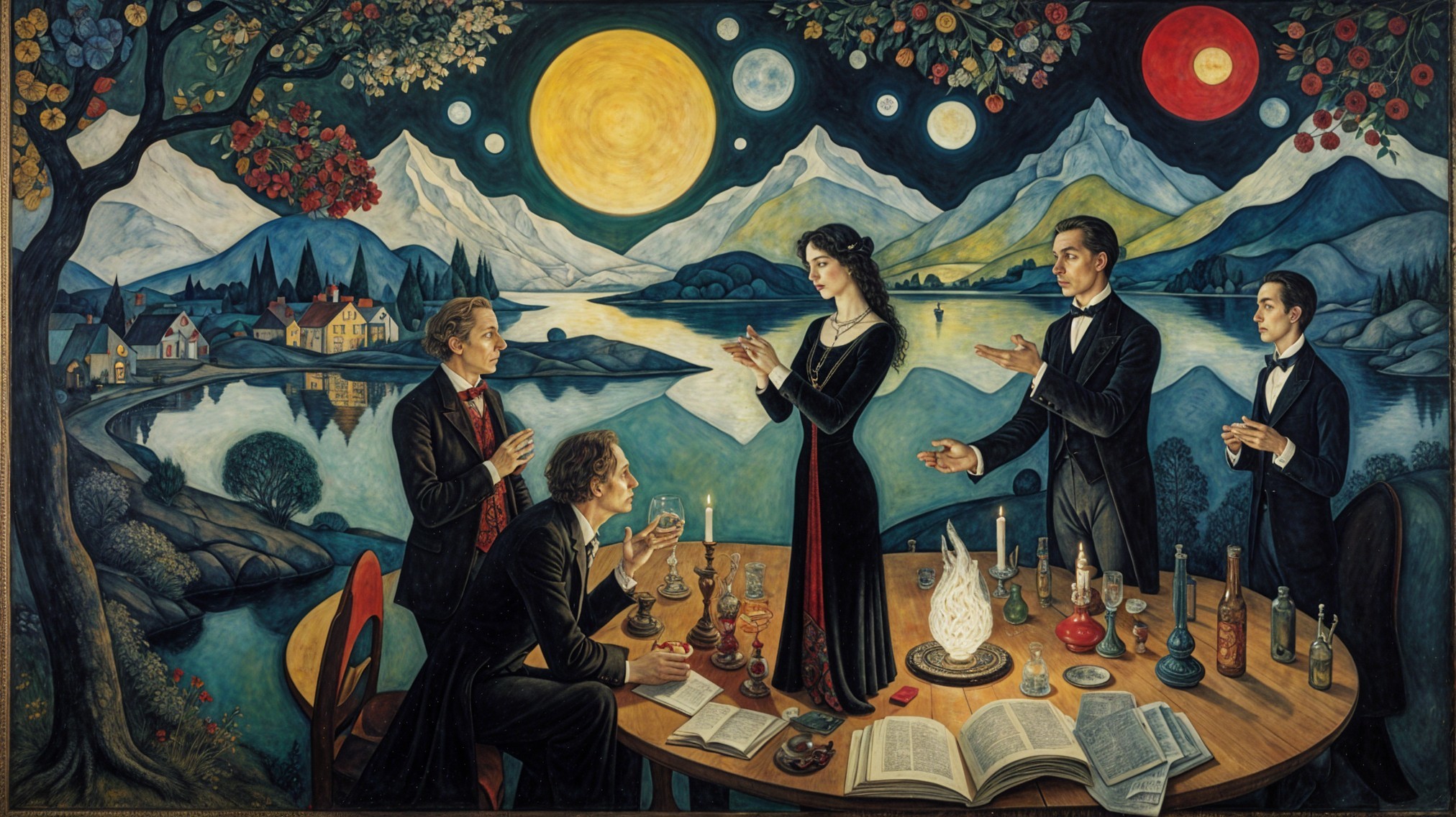 Surreal Gathering of Figures in a Mystical Landscape