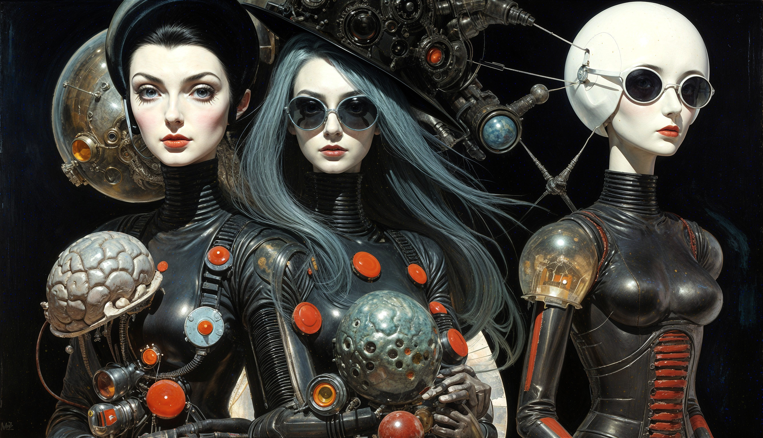 Futuristic Figures in Sleek Black Suits and Cosmic Background
