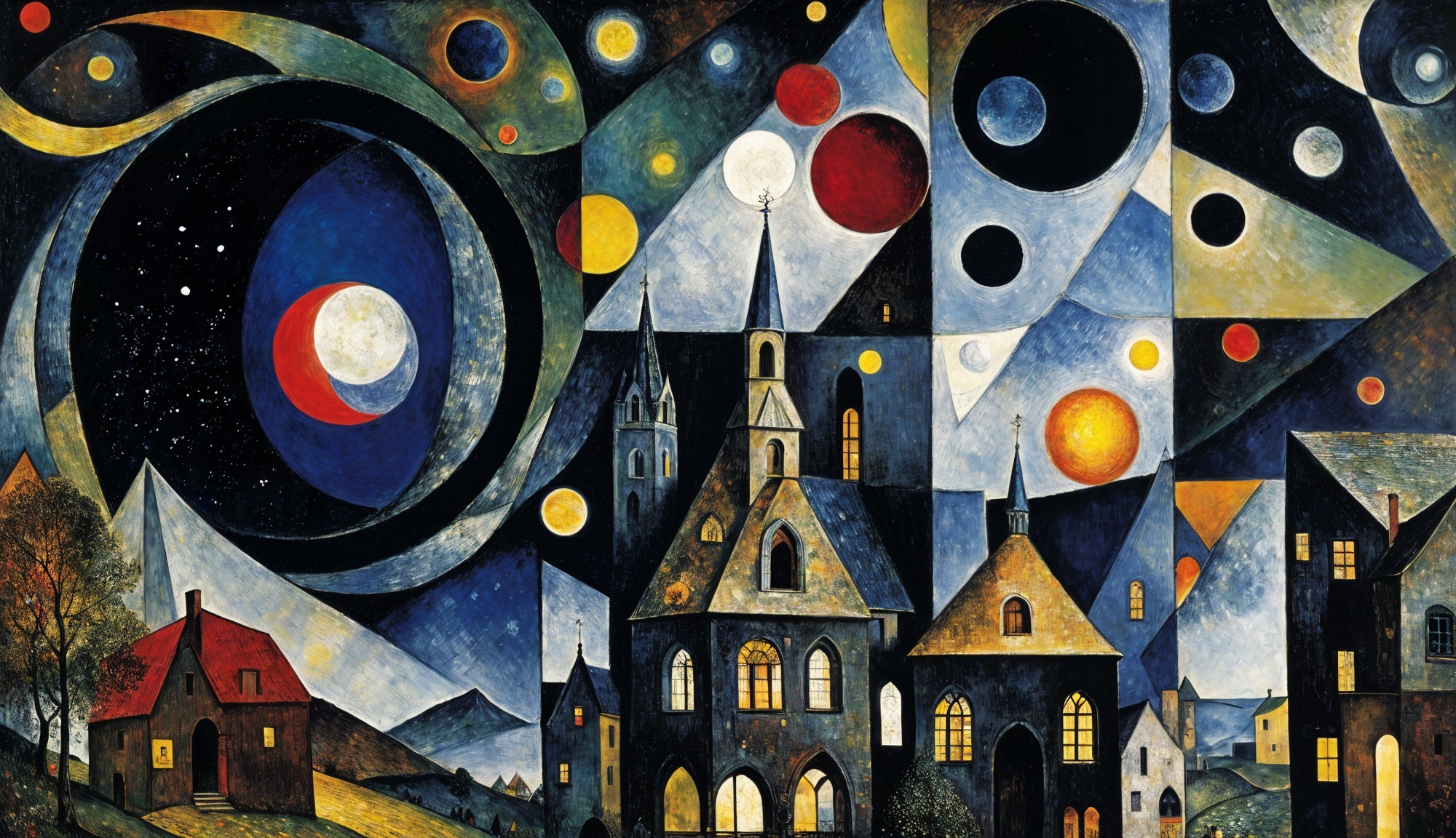 Surreal Village Landscape with Celestial Elements