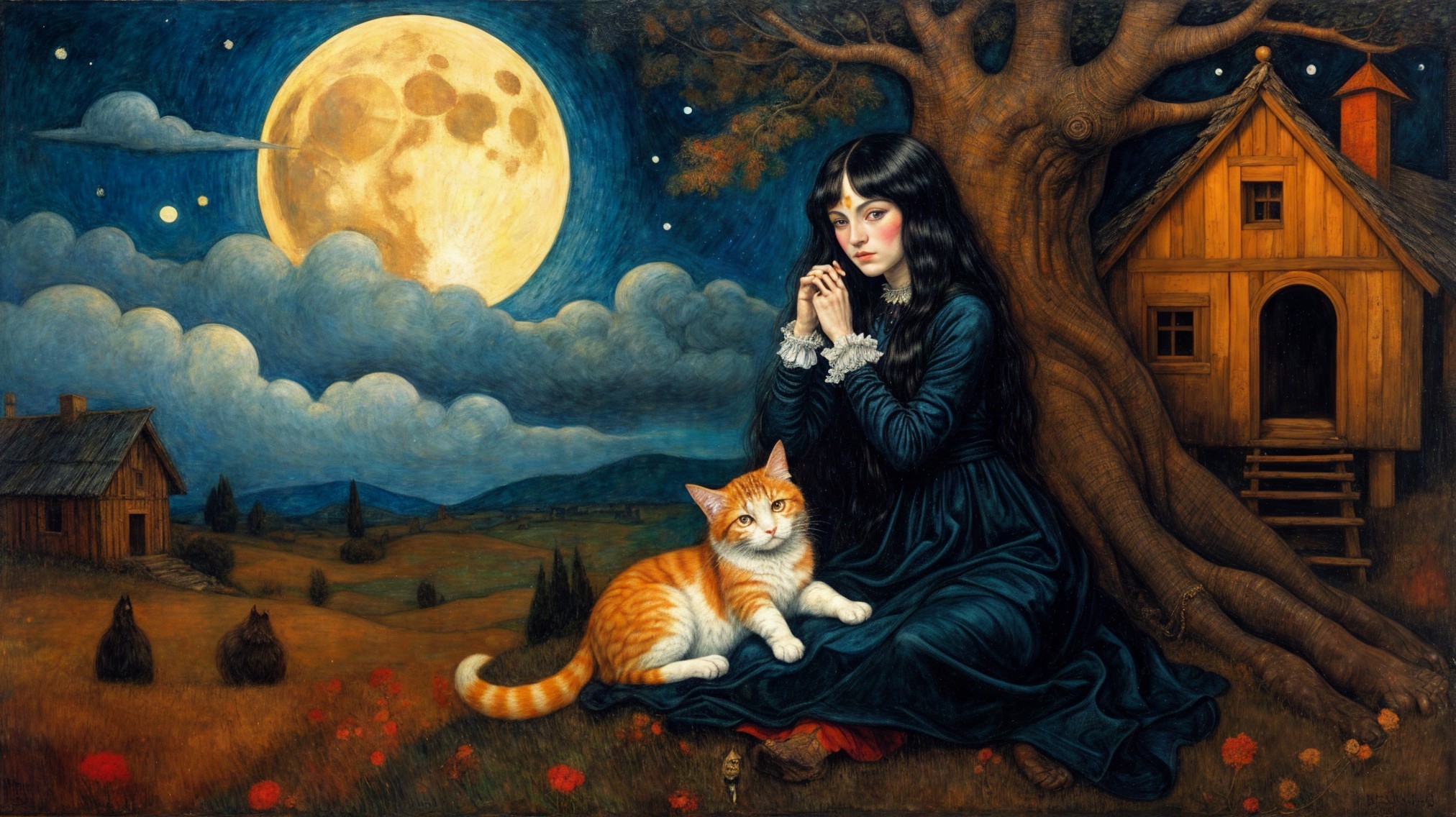 Young woman in black dress kneels by a tree at night