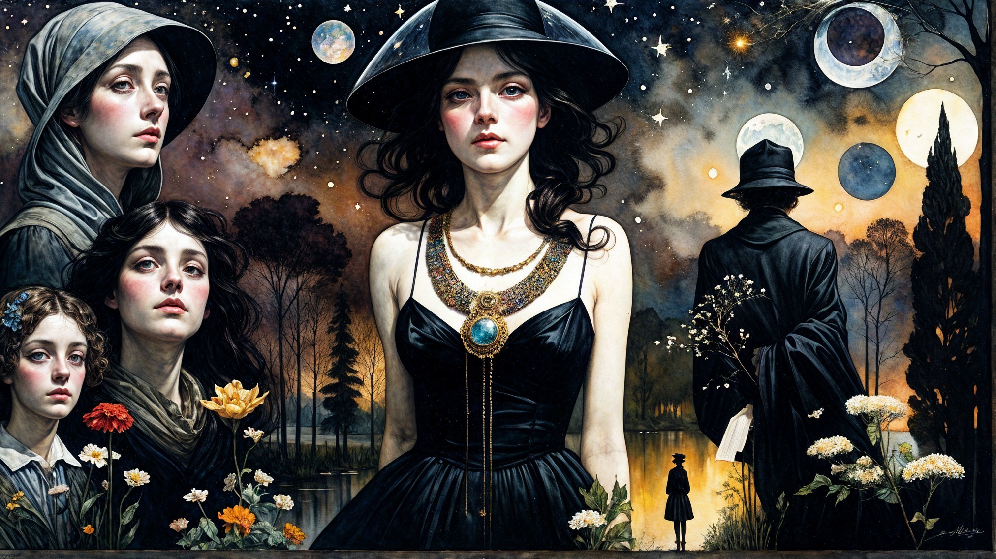 Mystical Night Scene with Women and Celestial Background