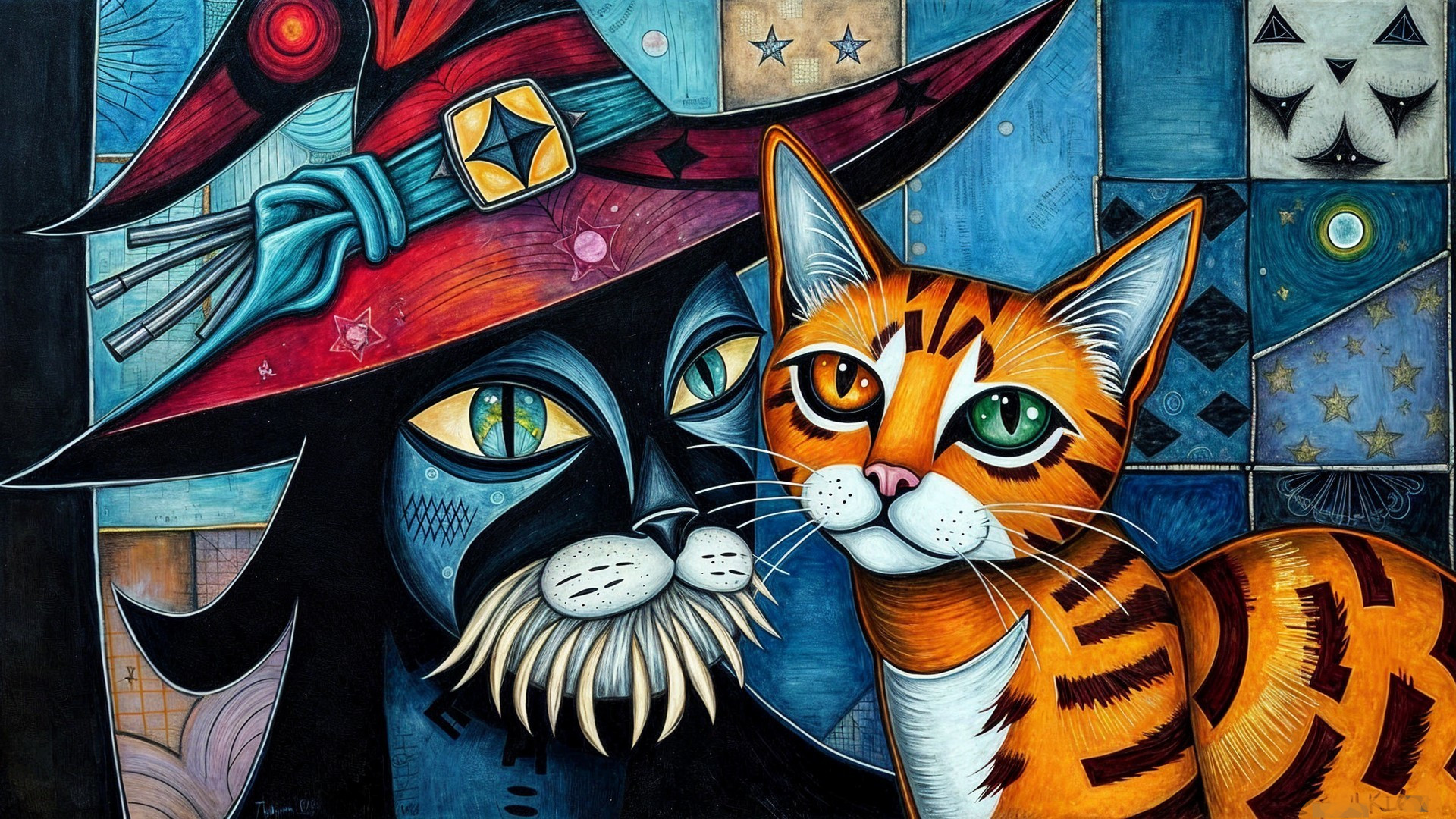 Whimsical Painting of Cats in a Colorful Background