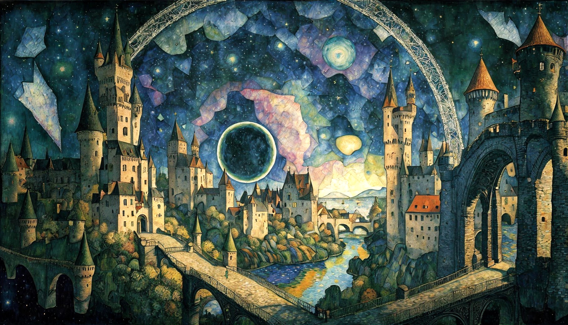 Whimsical Medieval Landscape with Starry Night Sky