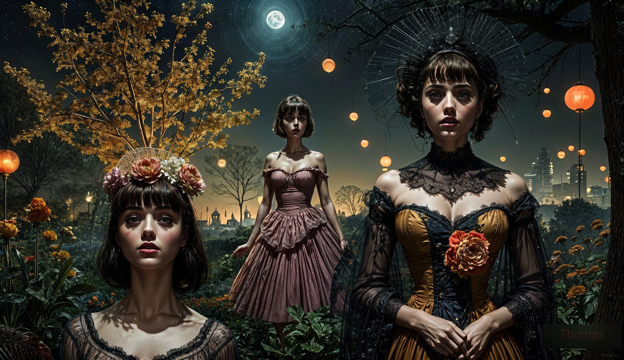 Mystical Moonlit Garden with Vintage Dressed Figures