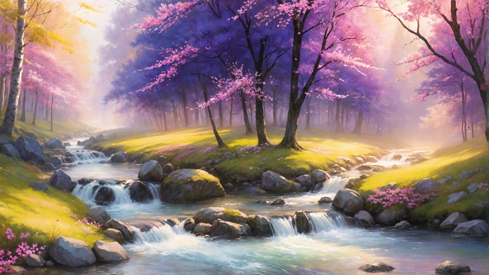 Serene Landscape with Purple Trees and Pink Blossoms