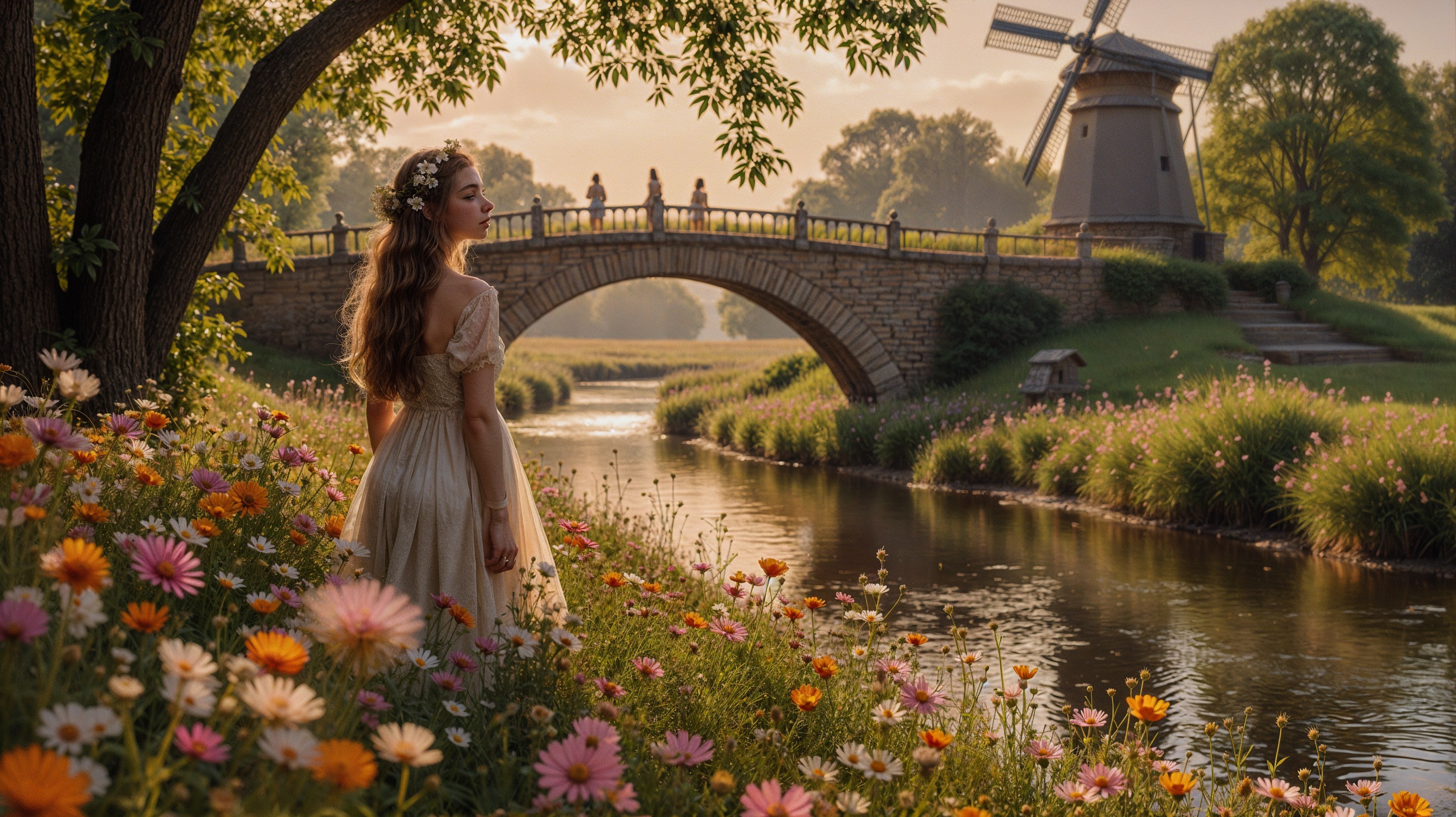 Serene River Scene with Woman and Classic Windmill