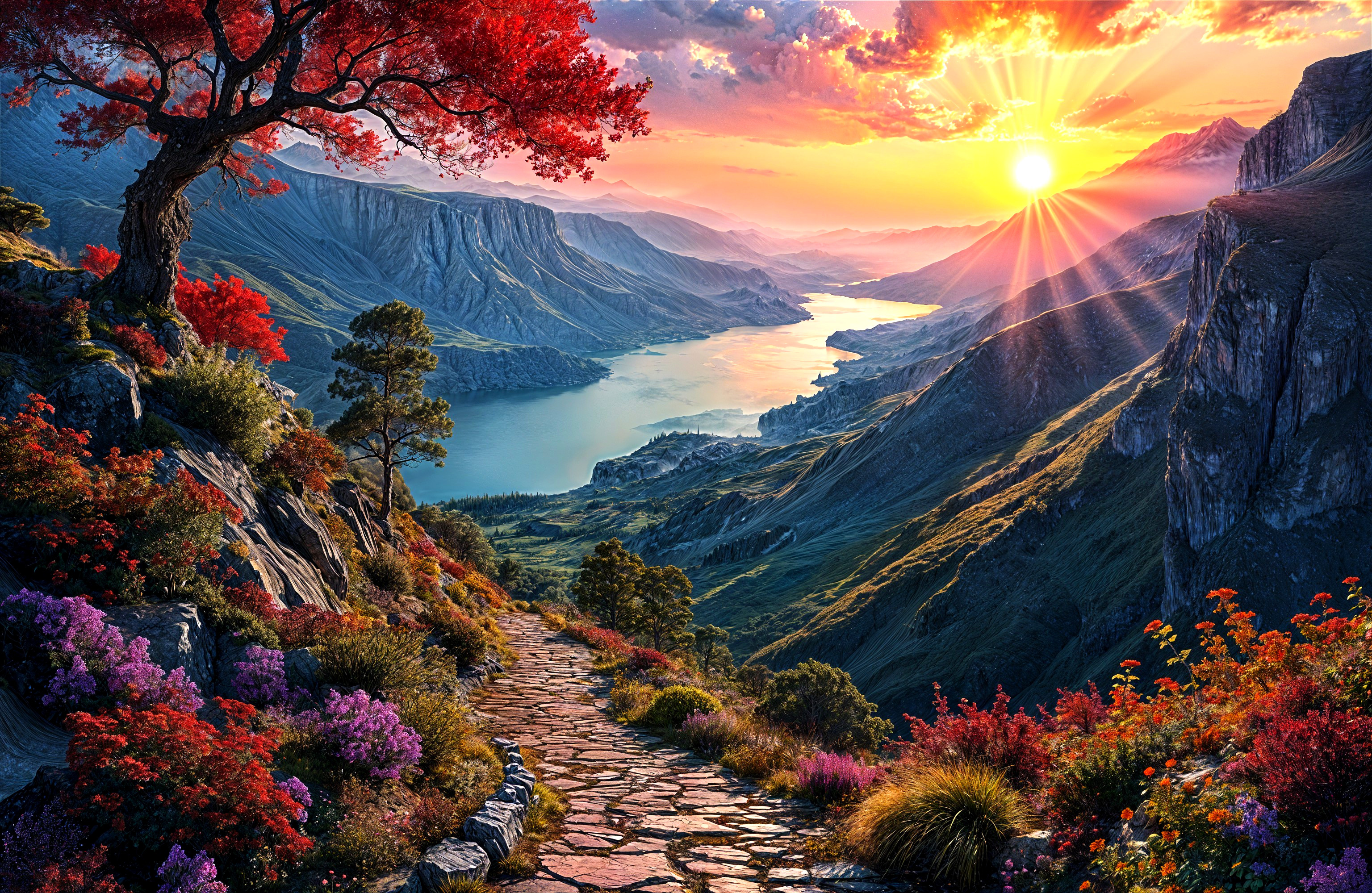 Sunset Landscape with Stone Path and Vibrant Flowers