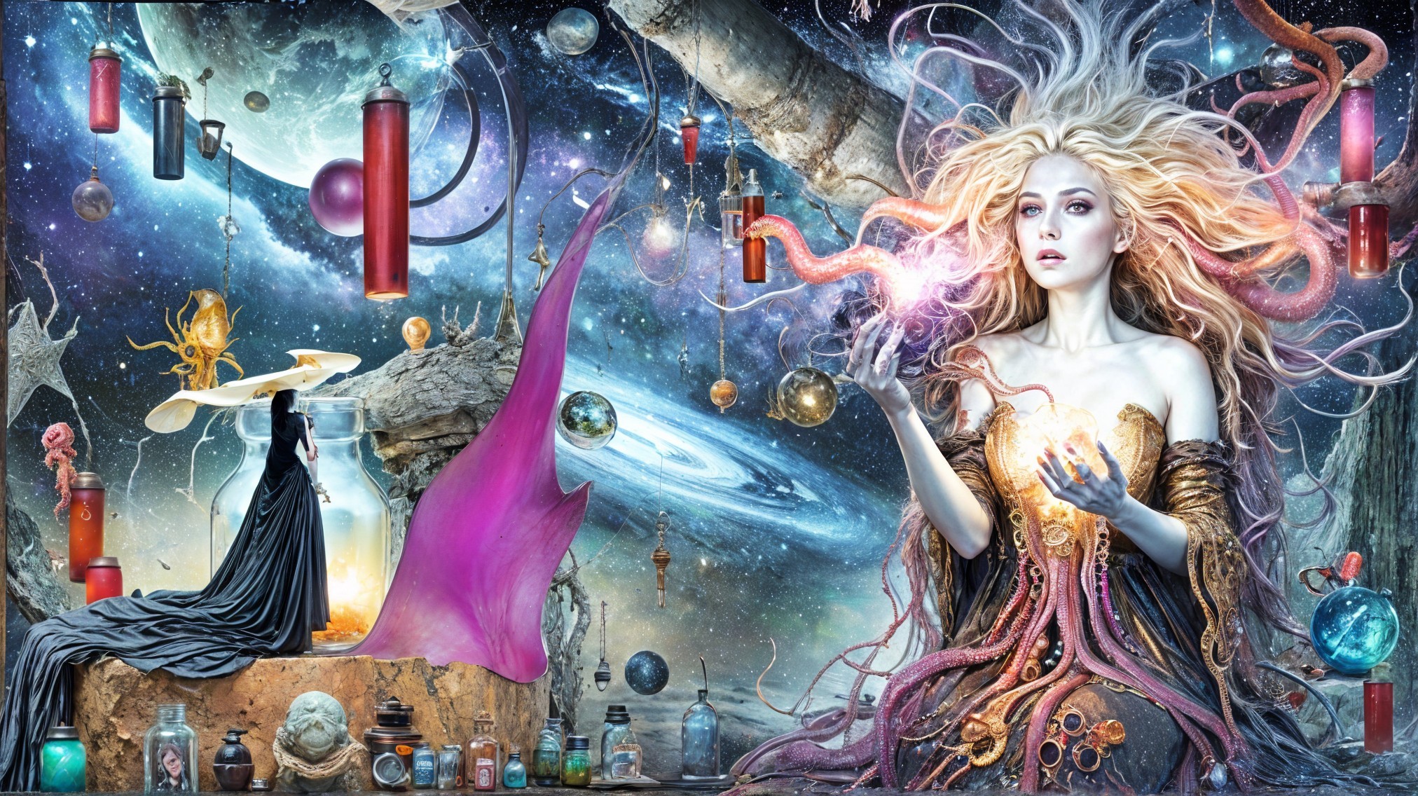 Ethereal Woman in Cosmic Scene with Glowing Orb
