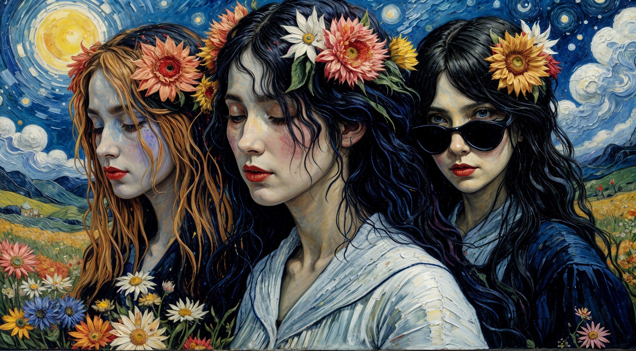 Three Women with Flowers in a Vibrant Sky