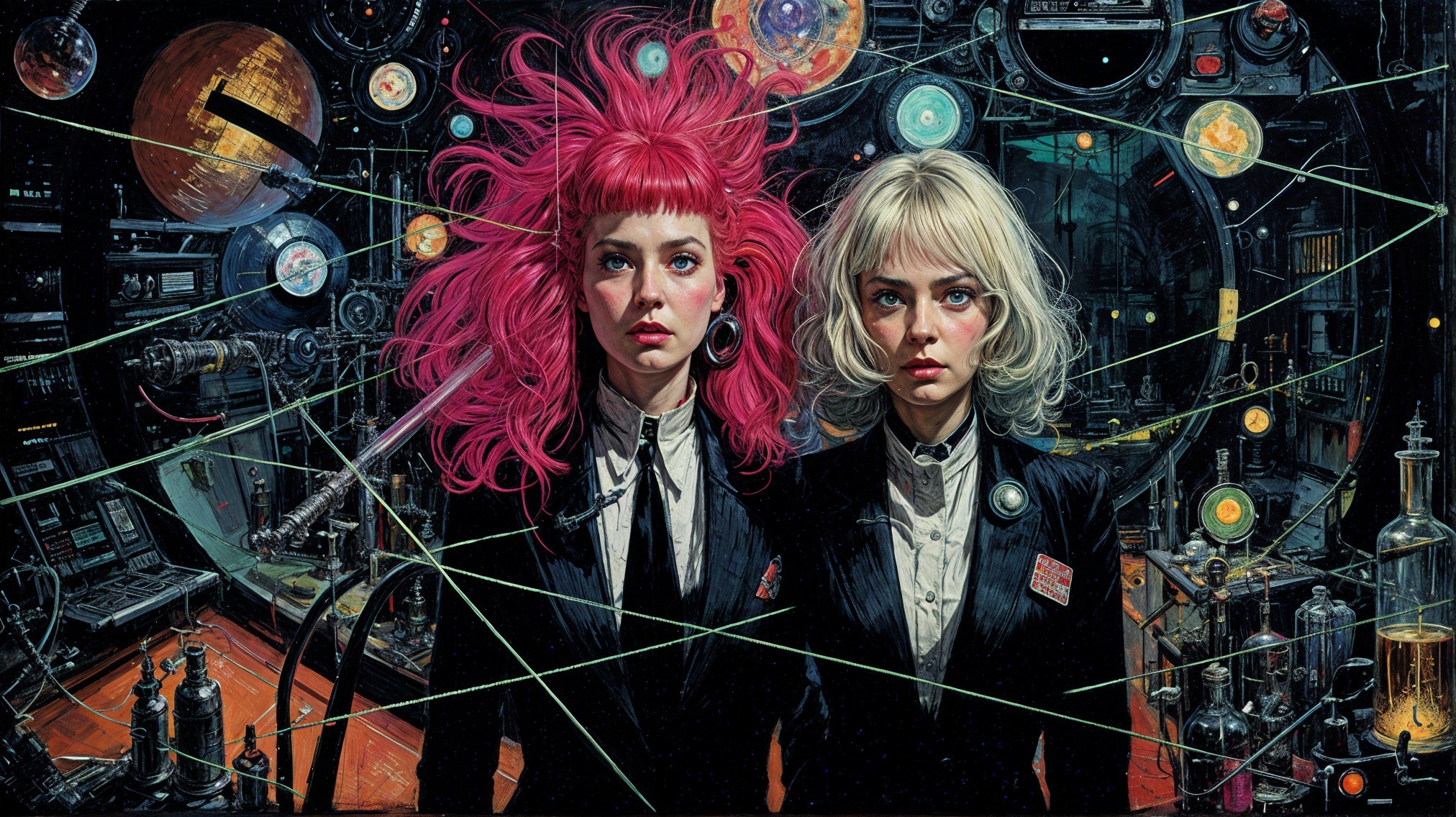 Futuristic Figures in Sleek Suits with Machinery Background