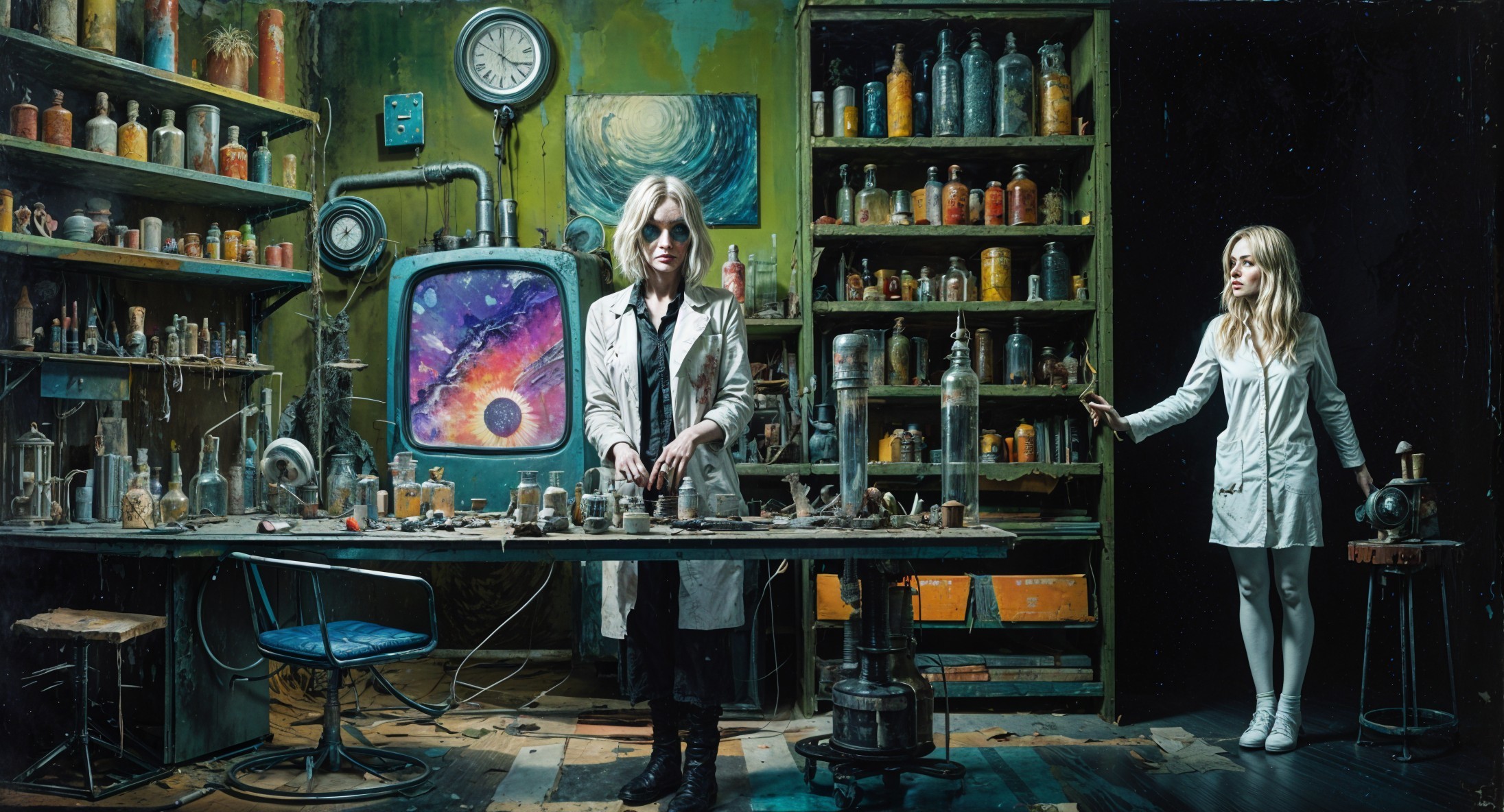 Futuristic Laboratory with Women and Cosmic Elements