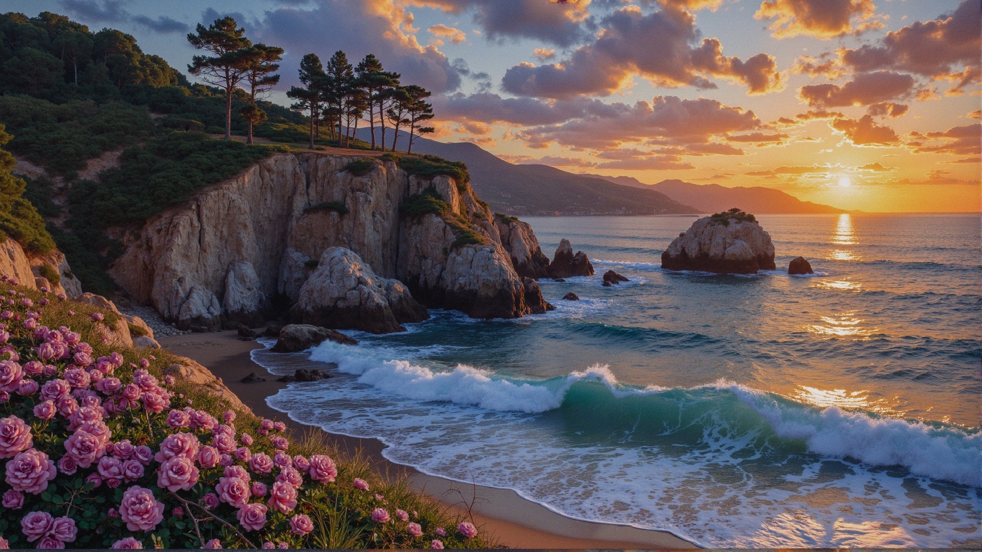 Serene Coastal Landscape at Sunset with Pink Flowers