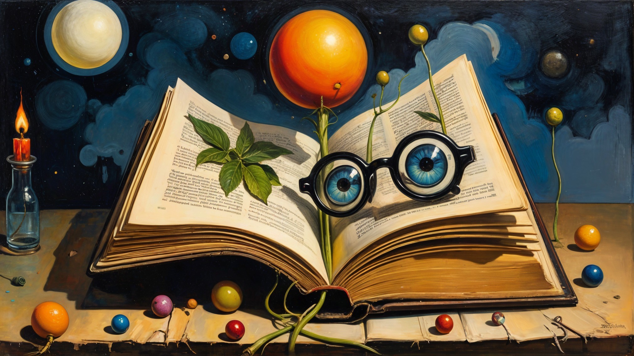 Open Book with Sprout and Celestial Backdrop