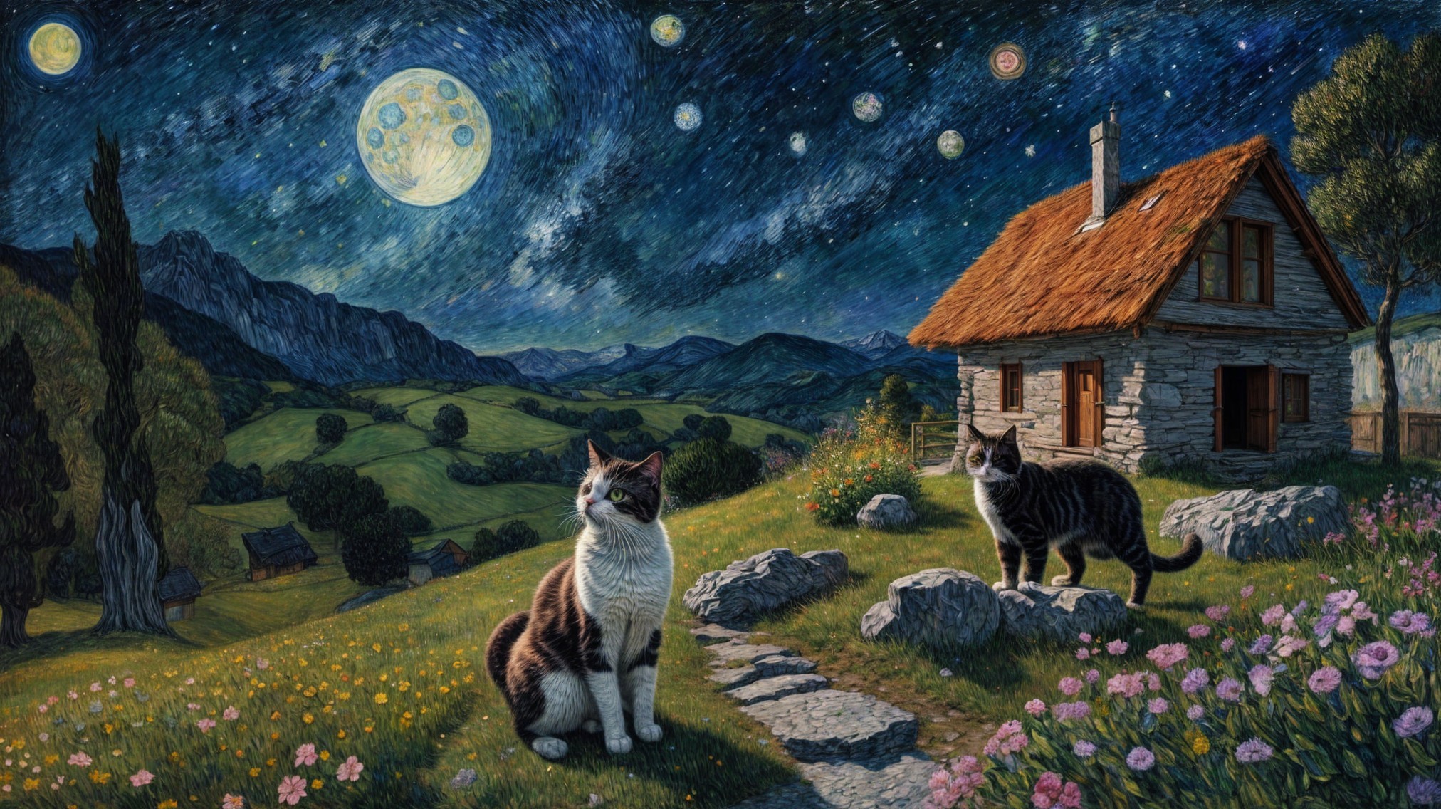 Serene Countryside Scene with Cats and Celestial Moons