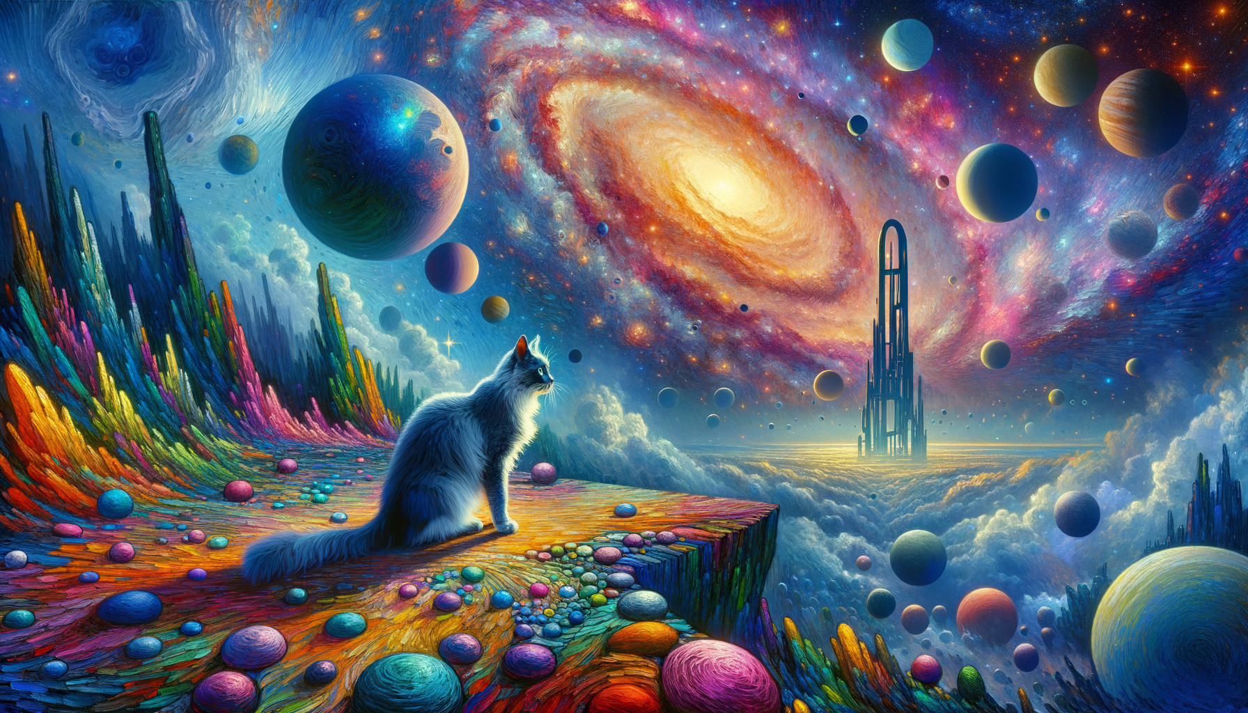 Cat sitting on colorful cliff overlooking cosmic landscape with planets and rocket launch