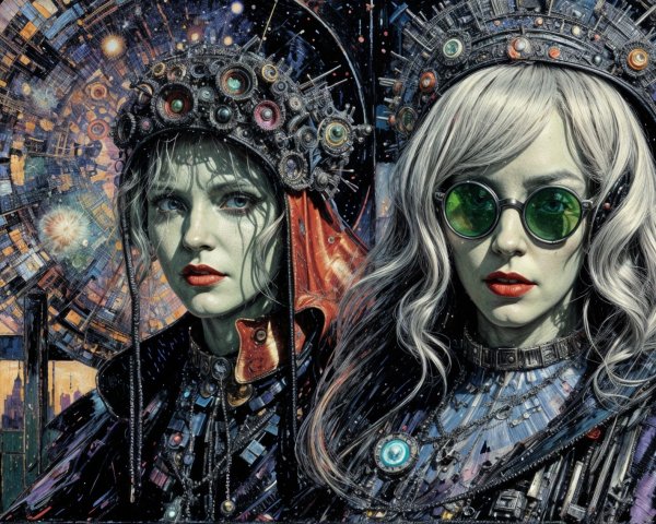 Two Women in Futuristic Fashion Against Starry Cityscape