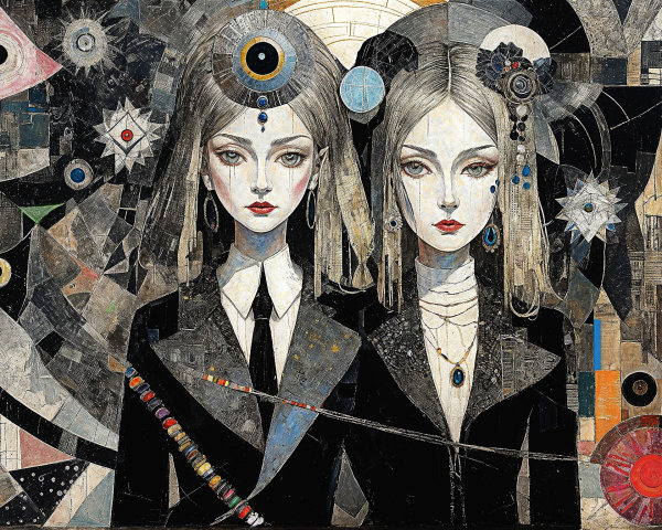 Stylized Figures in Elegant Suits with Geometric Background