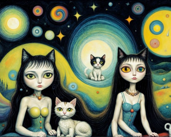 Feline-Faced Women in Cosmic Celestial Artwork
