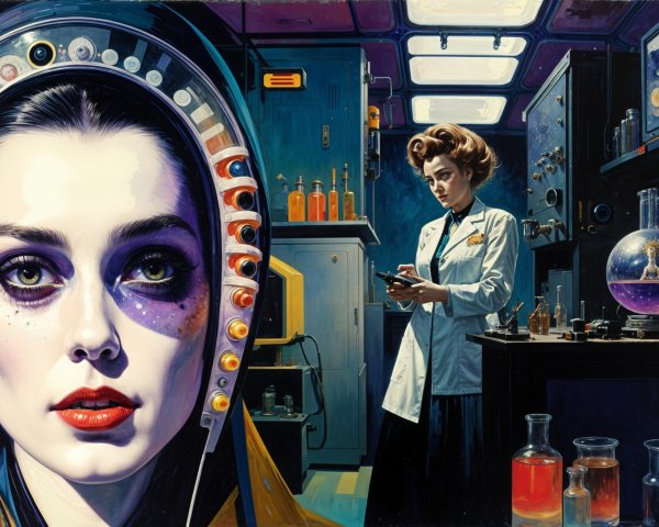 Futuristic Laboratory with Colorful Glassware and Portrait
