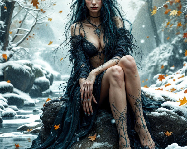 Mystical Figure in Snowy Forest with Autumn Leaves