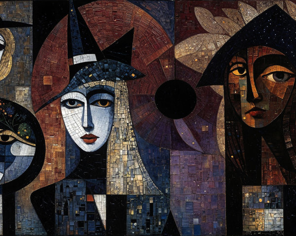 Abstract Mosaic of Four Faces with Hats