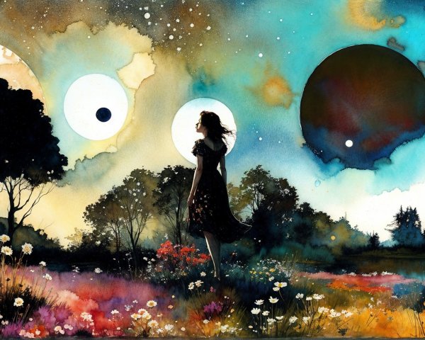 Silhouetted Figure in a Vibrant Floral Landscape