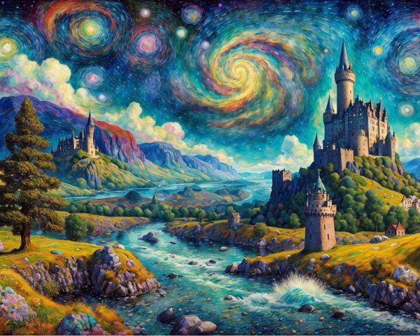 Fantasy landscape with castle, river, hills, and starry sky