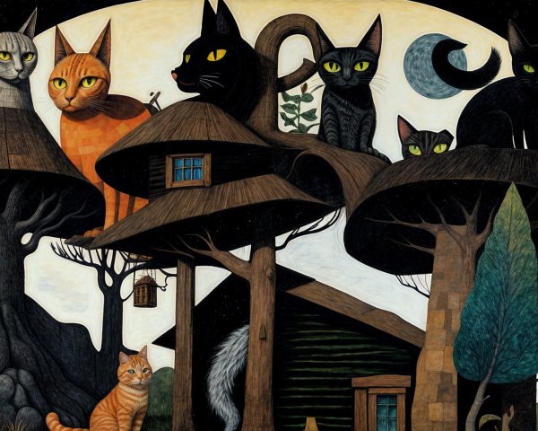 Whimsical landscape with oversized trees and cats