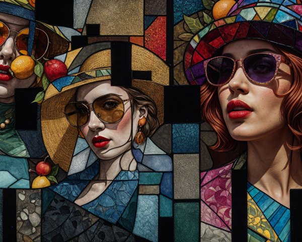 Vibrant Artwork of Three Stylish Women in Colorful Outfits