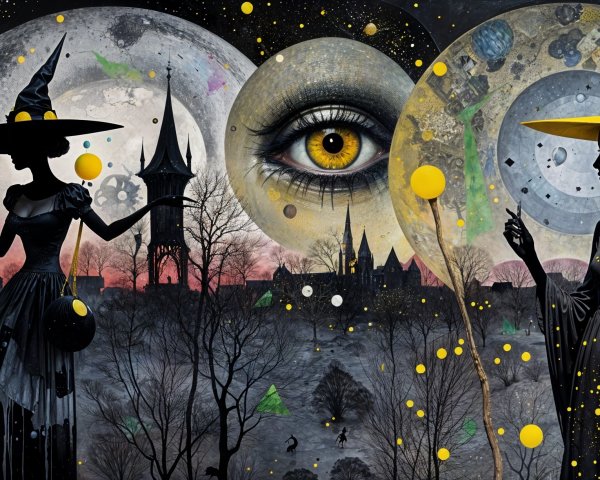 Silhouetted Witches in a Fantastical Landscape