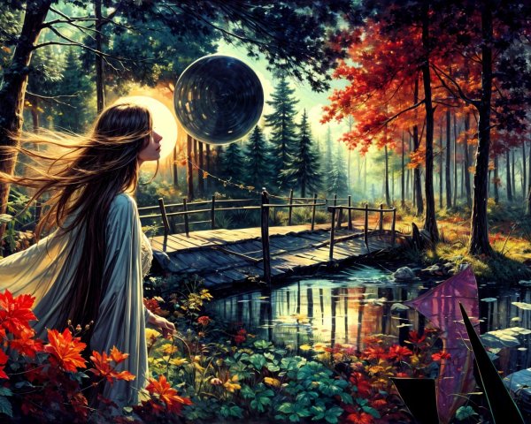 Autumn Forest with Young Woman and Ethereal Bubble