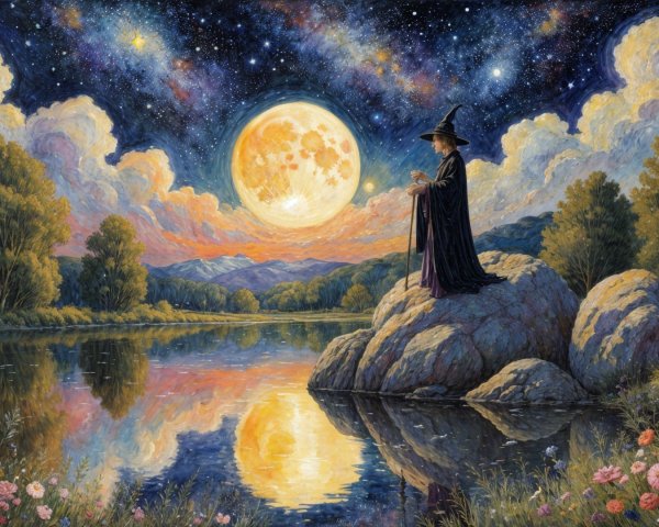 Hooded Figure by Moonlit Lake in Mystical Landscape