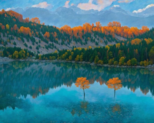 Tranquil lake with autumn trees reflecting in water