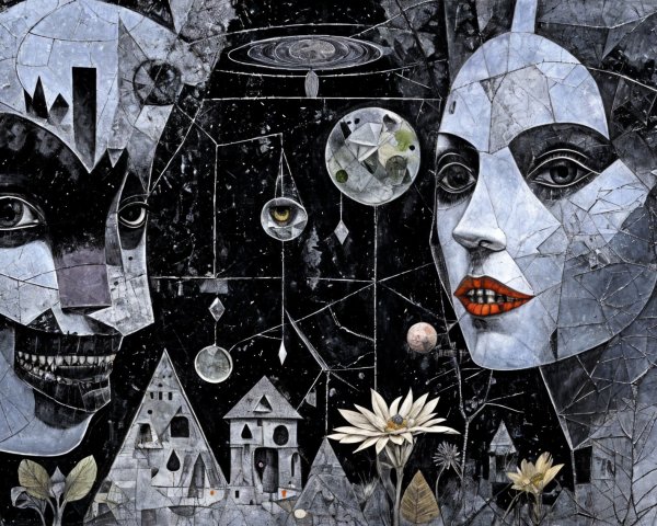 Surreal Artwork with Contrasting Faces and Mosaic Elements
