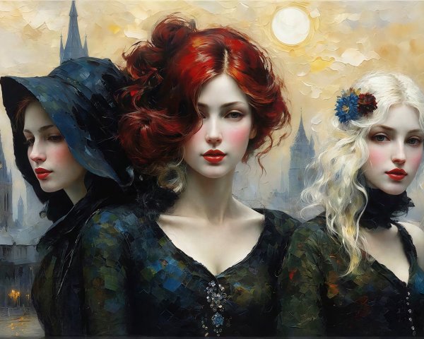 Trio of Women in Cityscape with Moonlit Sky