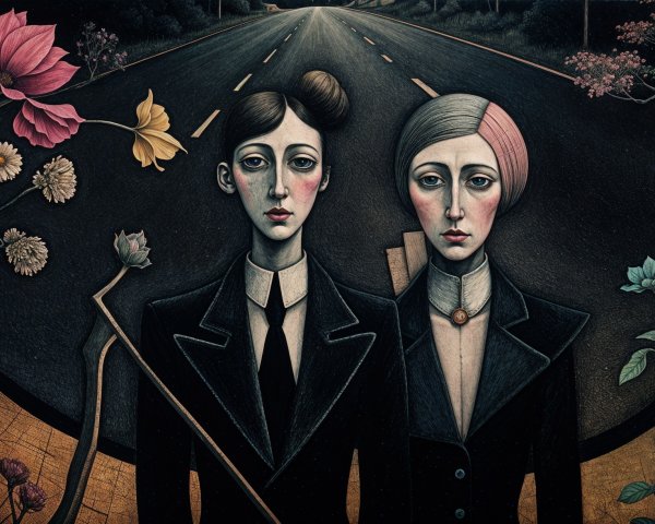 Elegantly Dressed Figures on a Deserted Road with Flowers