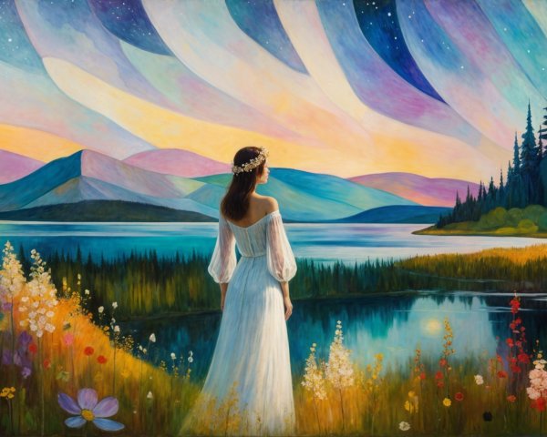 Serene Landscape with Woman by Tranquil Lake