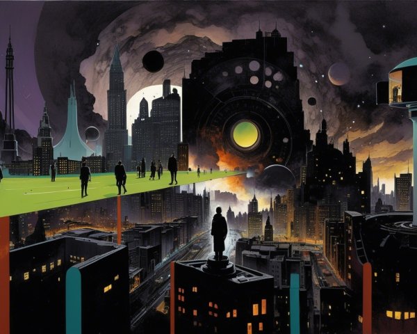 Surreal Futuristic Cityscape with Cosmic Elements