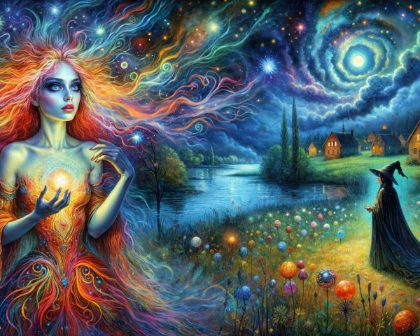 Ethereal Night Scene with Mystical Woman and River