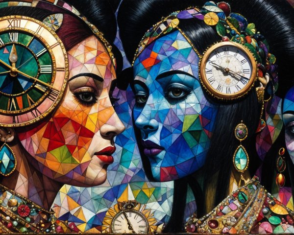 Abstract Artwork of Women with Jewelry and Clocks