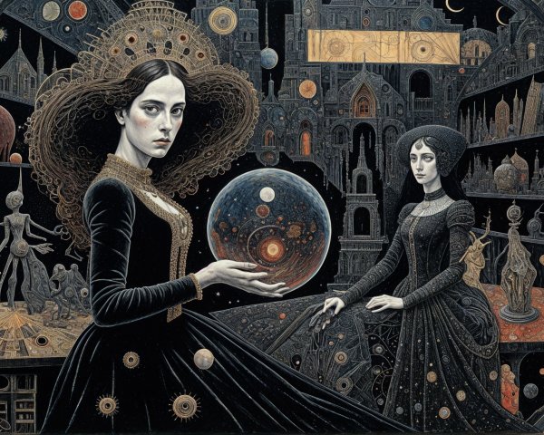 Enigmatic Women in Ornate Black Dresses with Crystal Ball