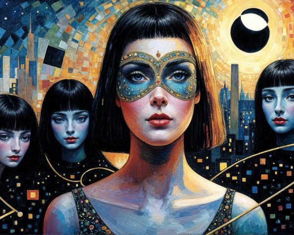 Glamorous Masked Figure in Vibrant Cityscape Art