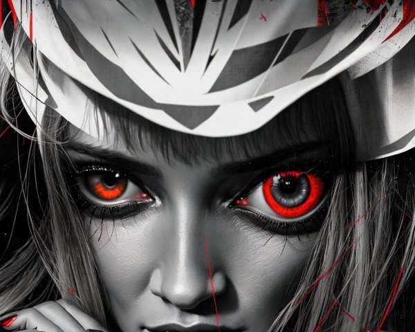 Monochrome Portrait with Intense Red Eyes and Hair