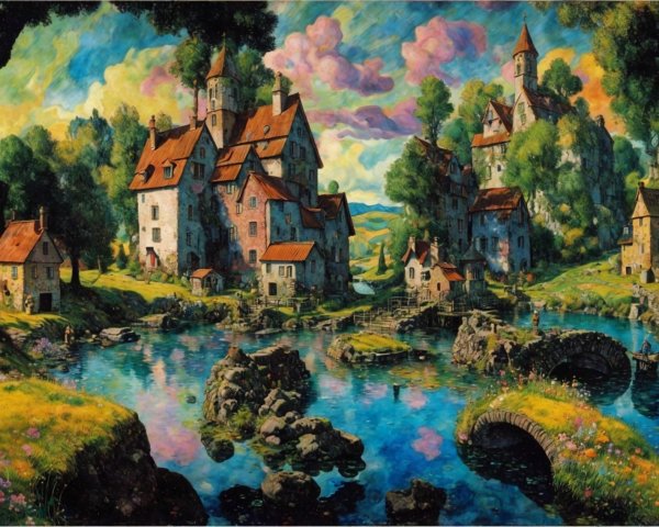 Vibrant medieval village painting with blue river and stone bridges