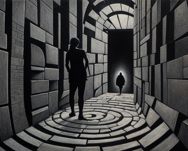 Black-and-White Scene of a Spiraling Corridor