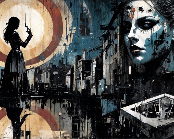 Silhouette in Urban Chaos with Reflective Face Motif